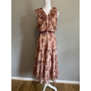 PAIGE Siena Silk Metallic Floral Maxi Dress Peach Pink Ruffle Tiered Boho Size M